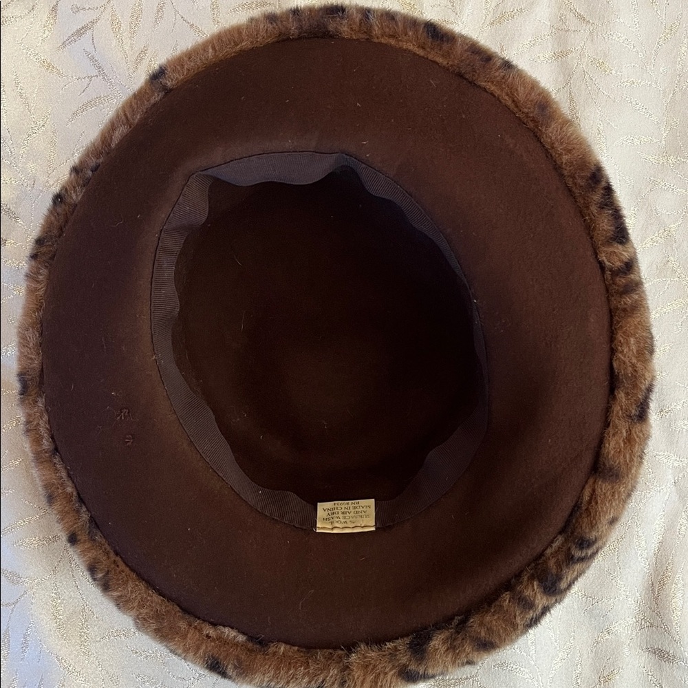 Vintage Fall Wool Brown Hat w/Animal Faux Fur Print Trim - Picture 10 of 13